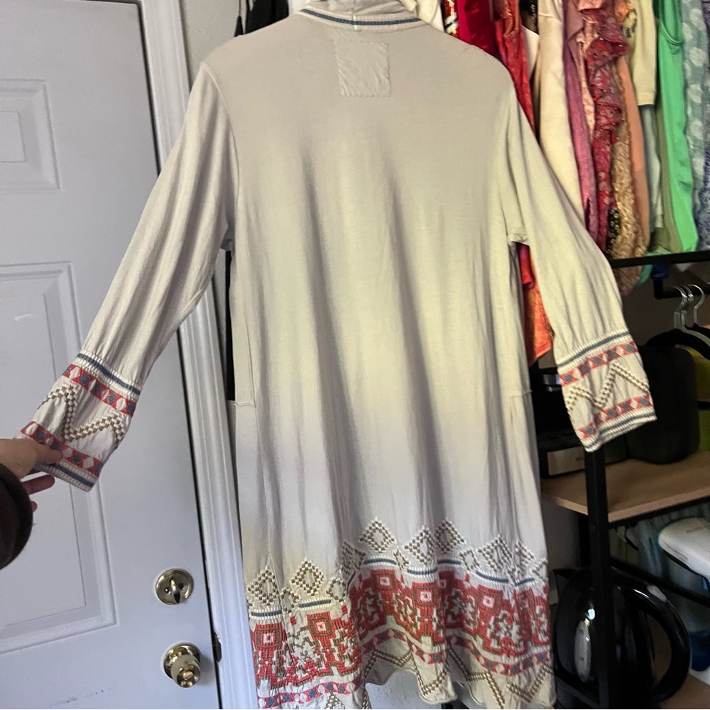 JOHNNY WAS cream ivory off white geo tribal embroidered buttonless long cardigan - Picture 5 of 8